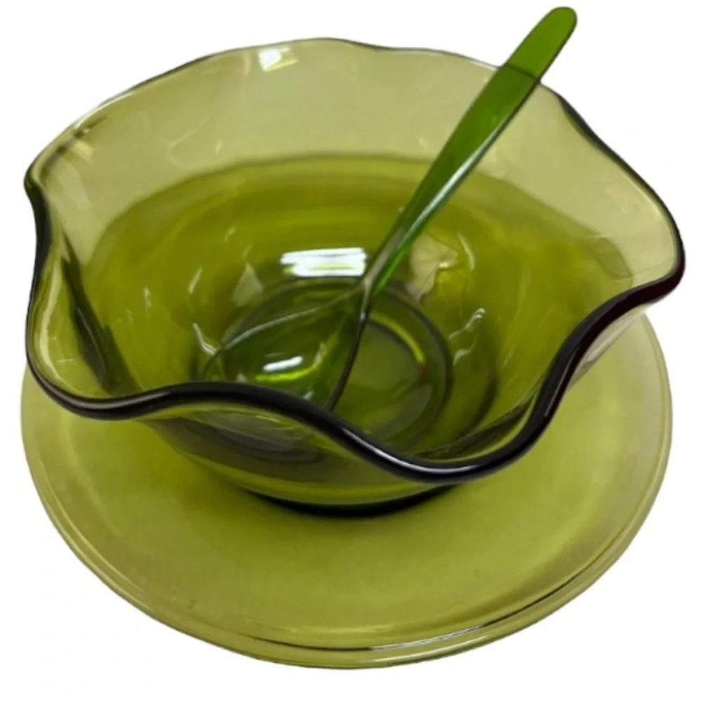 Vintage 70s Green Glass Bowl Plate Serving Spoon Set 1970s Fluted Ribbon Rim MCM